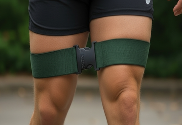Person wearing green Booya Band power walking on a blurred outdoor background